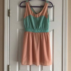 Francesca’s peach and aqua dress